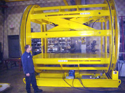 load inverters, material handling inverters, barrel style load inverter inverts stacks of aluminum sheets